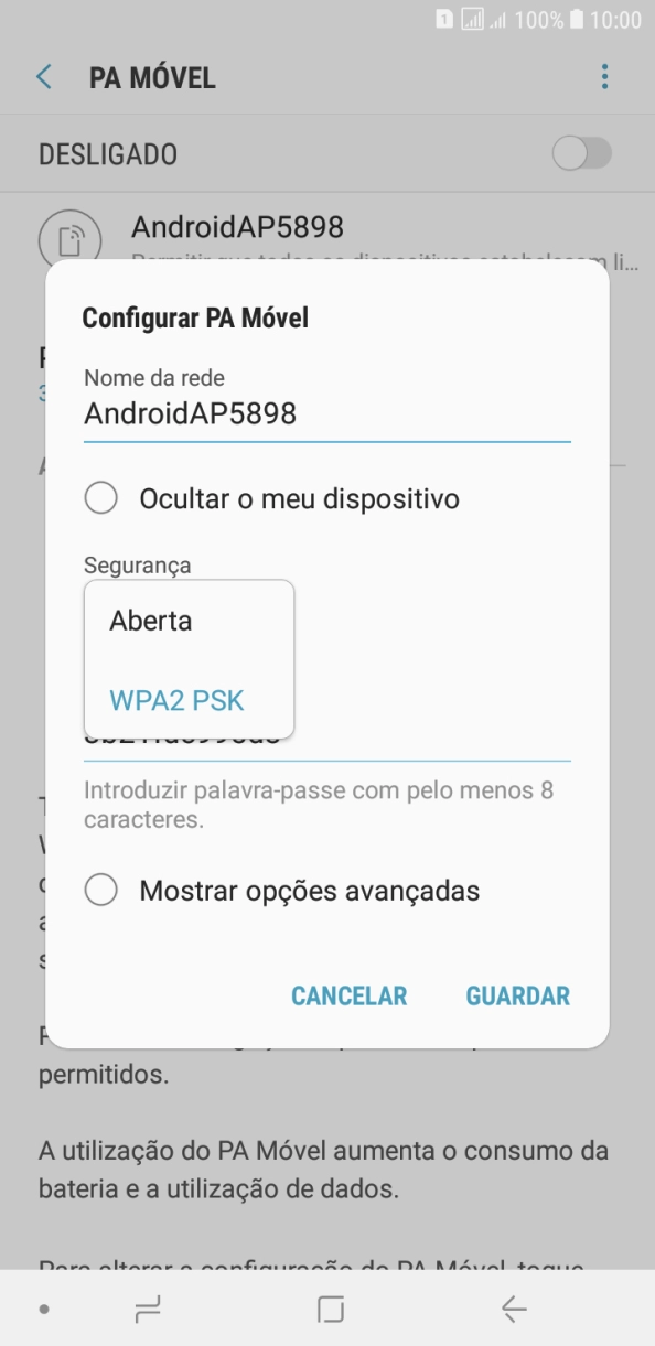 Prima WPA2 PSK para proteger o hotspot Wi-Fi com uma password.