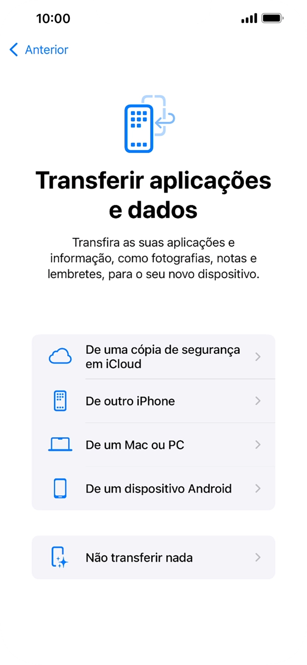 É possível transferir conteúdo de um telefone Android quando o telefone for ativado antes da primeira utilização e quando o telefone tiver sido reiniciado. Quando esta imagem for mostrada no ecrã, o telefone está pronto para transferir conteúdo de um telefone Android.