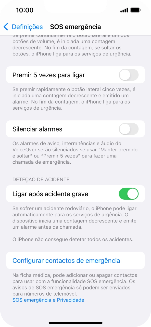 Prima Configurar contactos de emergência e siga as indicações no ecrã para introduzir a sua informação de emergência e os seus contactos de emergência.