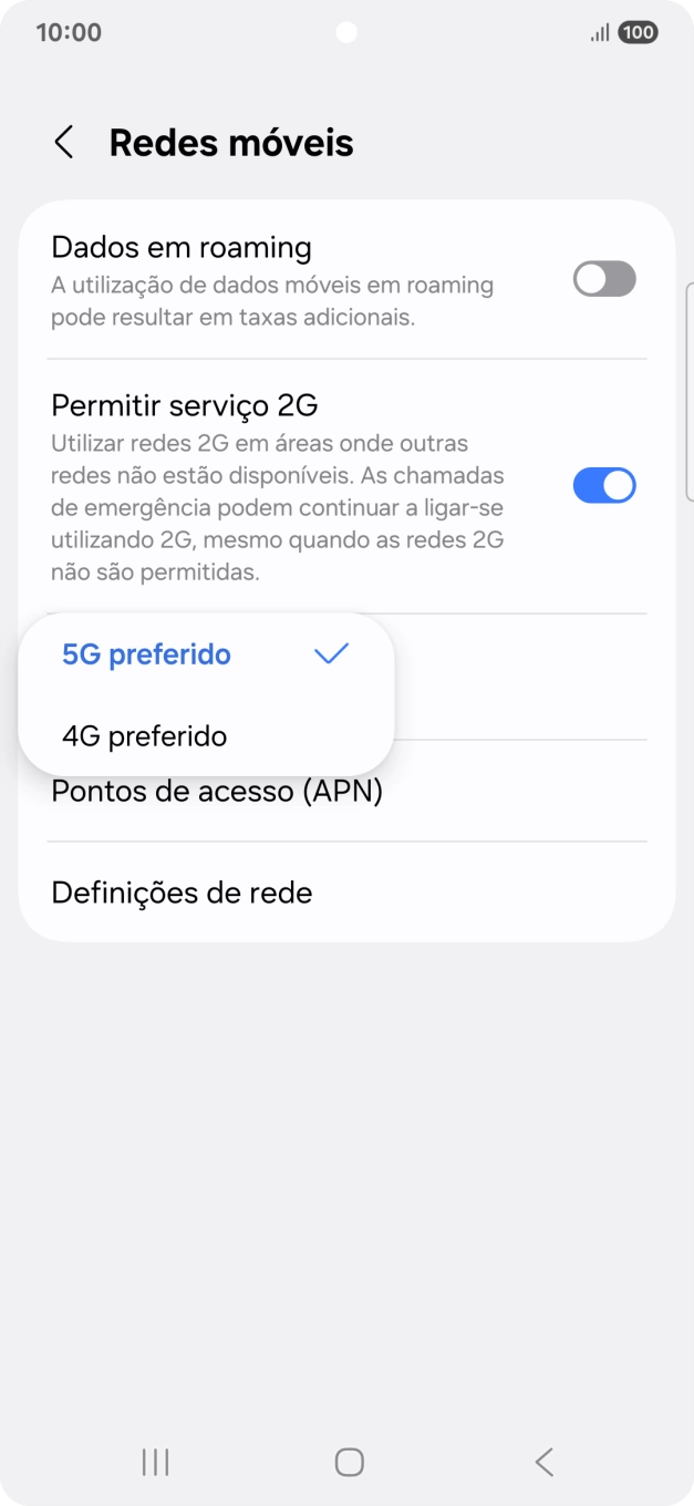 Prima o tipo de rede pretendido.