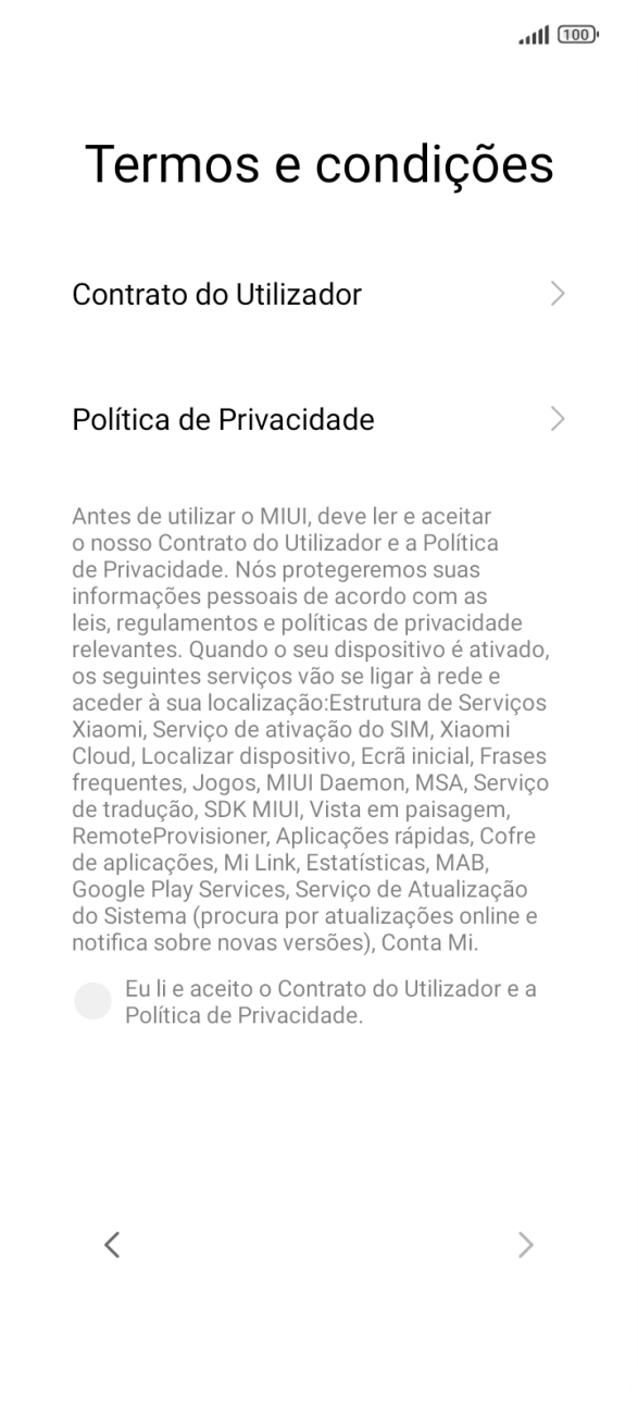 Prima o campo para aceitar os termos e condições.