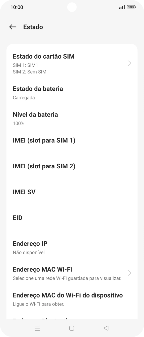 O código IMEI é mostrado no ecrã.
