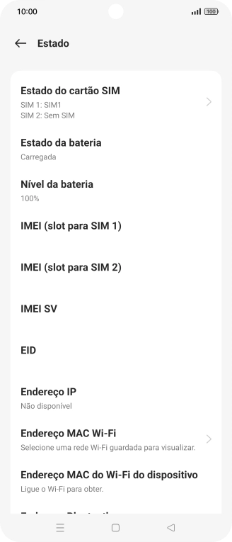 O código IMEI é mostrado no ecrã.