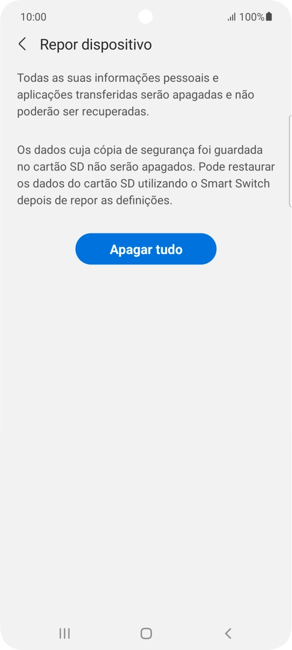 Prima Apagar tudo. Aguarde um momento enquanto o telefone restabelece as definições originais. Siga as indicações no ecrã para configurar o telefone de modo que este fique pronto a ser utilizado.
