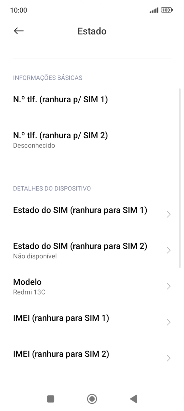 O IMEI é agora mostrado no ecrã.
