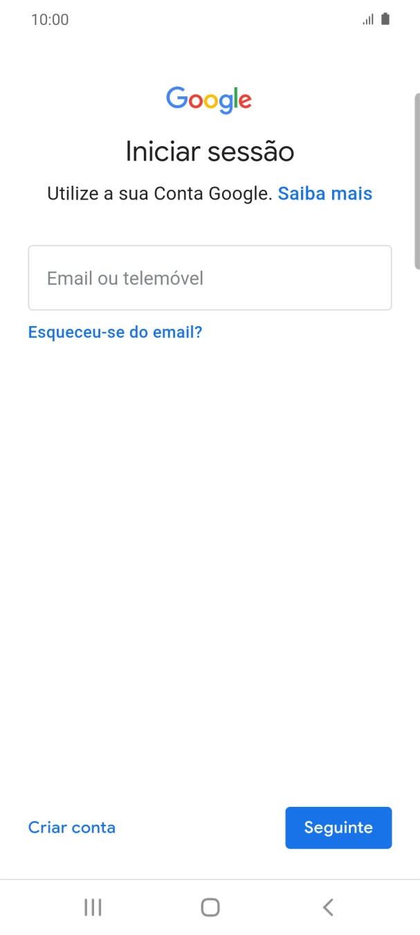 Se não tiver uma conta Google, prima Criar conta e siga as indicações no ecrã para criar uma conta.