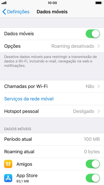 O consumo total de dados é mostrado junto a Período atual.