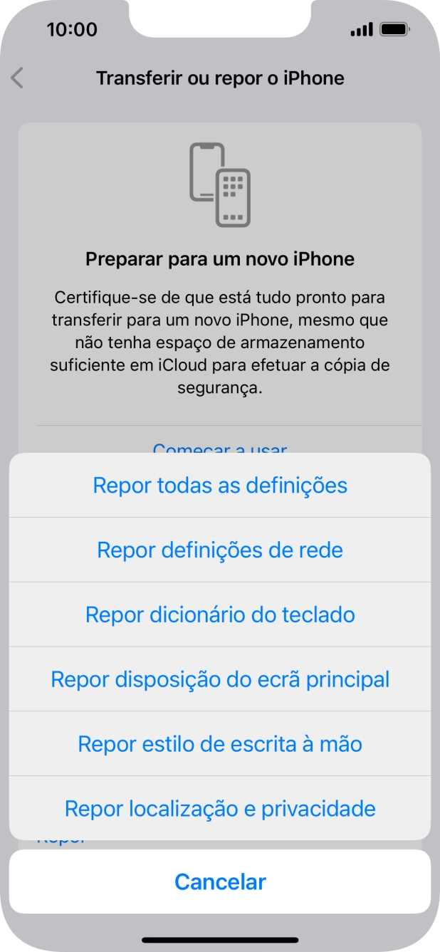 Prima Repor todas as definições.