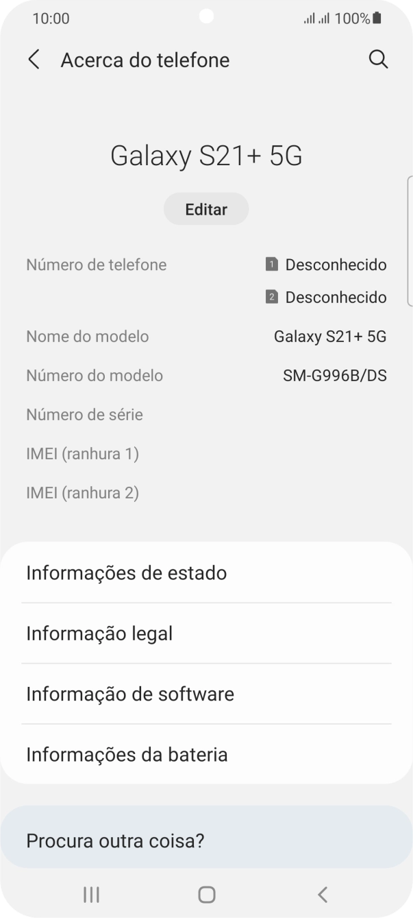 O código IMEI é mostrado no ecrã.
