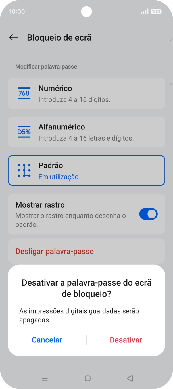 Prima Desativar e introduza o código adicional de bloqueio do telefone que criou anteriormente.