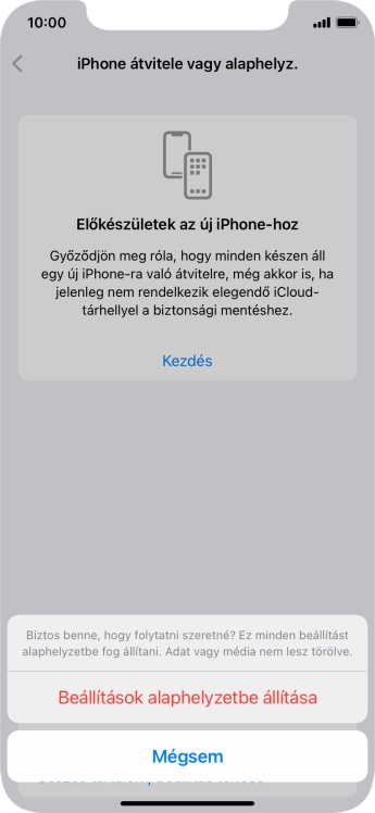 Válaszd a Beállítások alaphelyzetbe állítása lehetőséget. Várj egy kicsit, amíg a telefon visszaállítja a gyári beállításokat. A telefon konfigurálásához és ahhoz, hogy üzemkész állapotba hozd, kövesd a képernyőn megjelenő utasításokat.