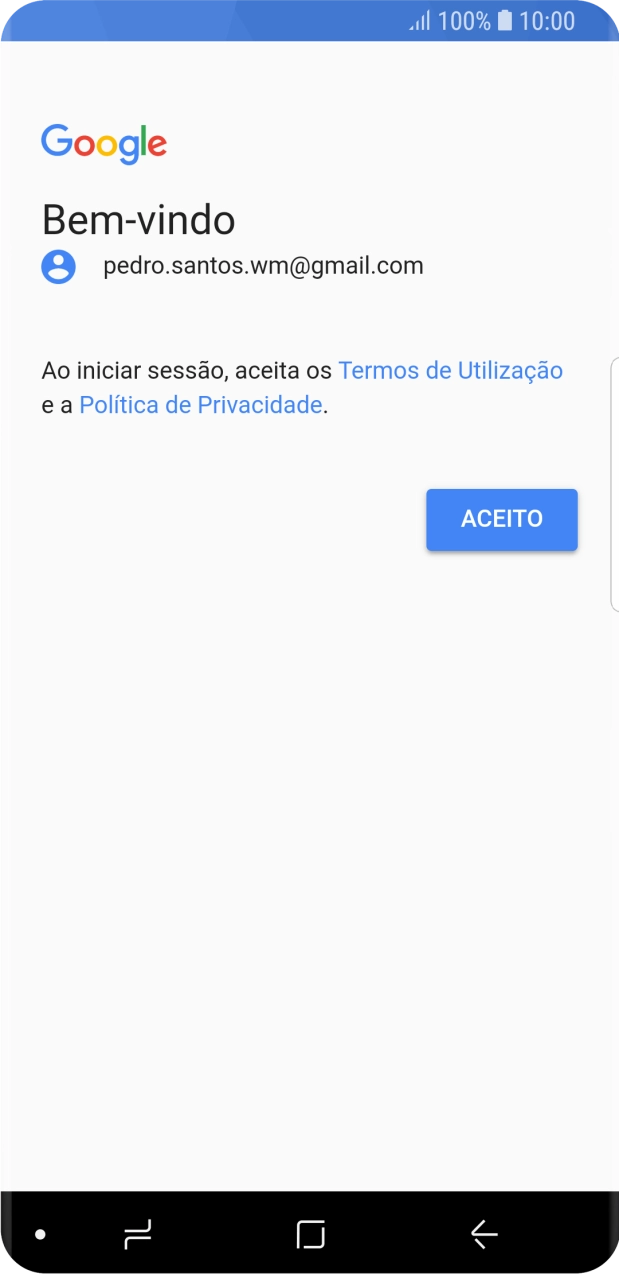 Prima ACEITO e siga as indicações no ecrã para escolher as definições da conta Google.