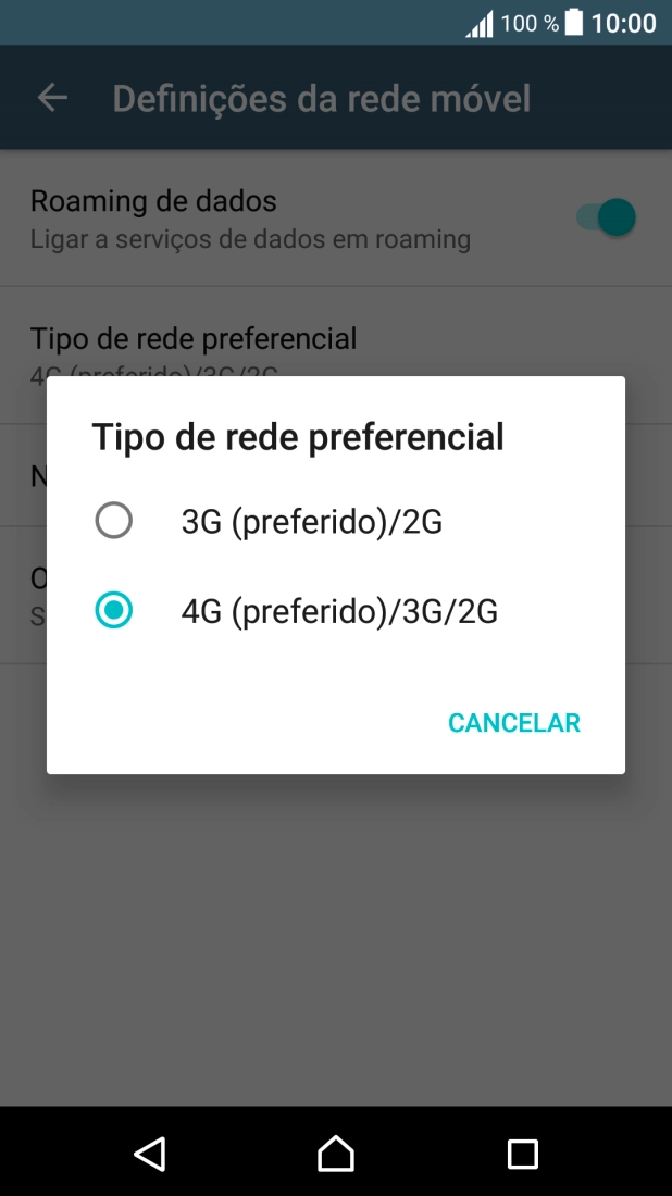 Prima o tipo de rede pretendido.