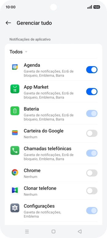 Prima o indicador junto às apps pretendidas para ativar ou desativar a função.