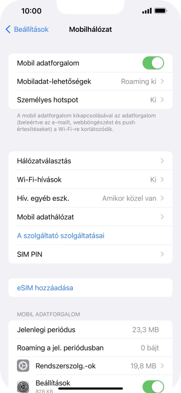 Kattints a „Mobil adatforgalom” melletti csúszkára a funkció be- vagy kikapcsolásához.