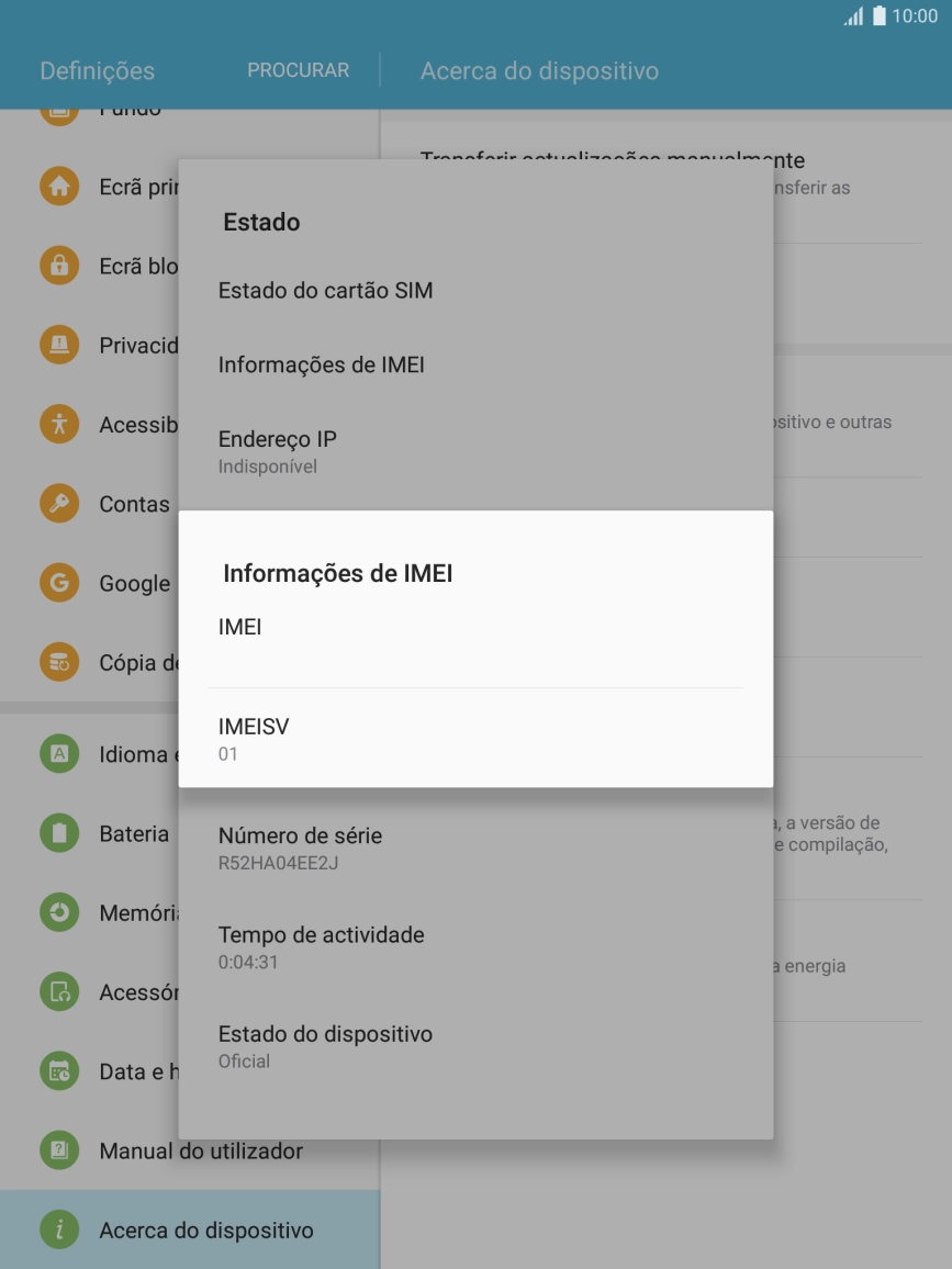 O código IMEI é mostrado no ecrã.