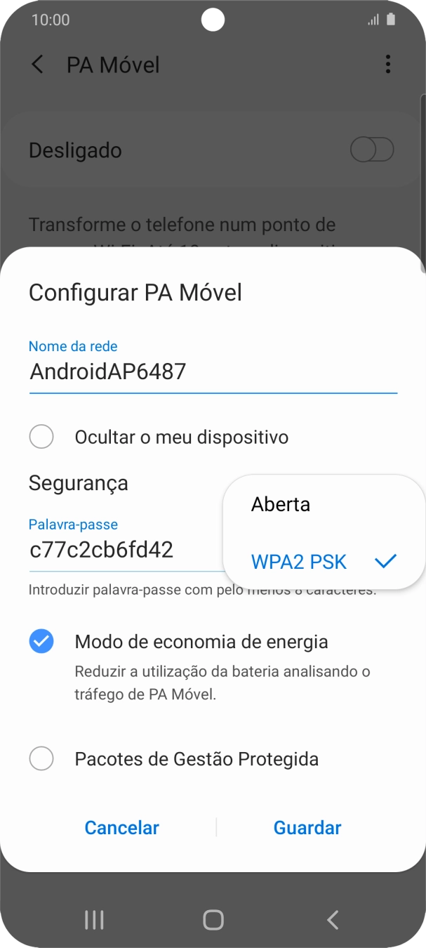 Prima WPA2 PSK para proteger o hotspot Wi-Fi com uma password.