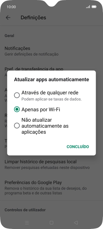 Para ativar a atualização automática de apps via redes móveis, prima Através de qualquer rede.