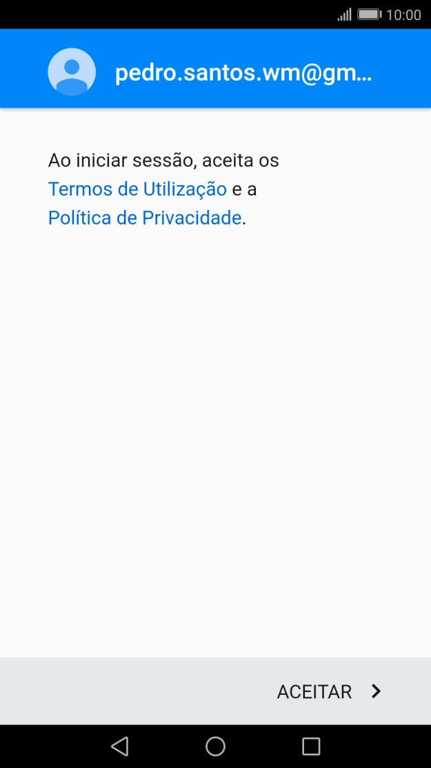 Prima ACEITAR e siga as indicações no ecrã para escolher as definições da conta Google.