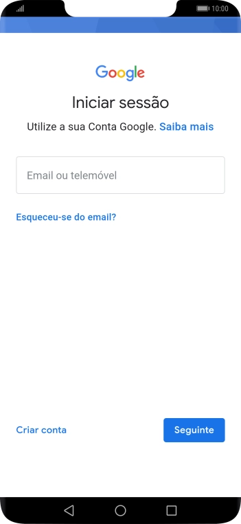 Se não tiver uma conta Google, prima Criar conta e siga as indicações no ecrã para criar uma conta.