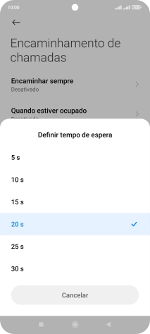 Se desviar as chamadas não atendidas escolha o tempo de atraso para desvio. Prima o tempo de atraso pretendido e siga as indicações no ecrã para escolher o tempo de atraso para desvio de chamadas.