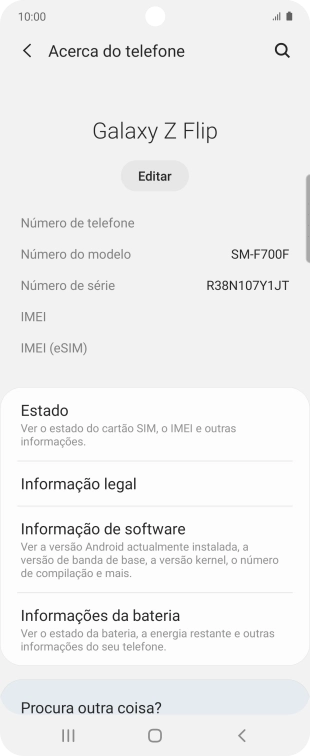 O código IMEI é mostrado no ecrã.