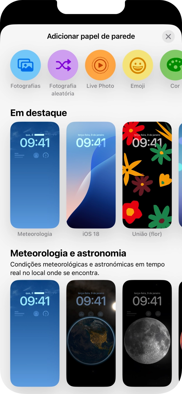 Prima a categoria pretendida e siga as indicações no ecrã para escolher a imagem de fundo pretendida.