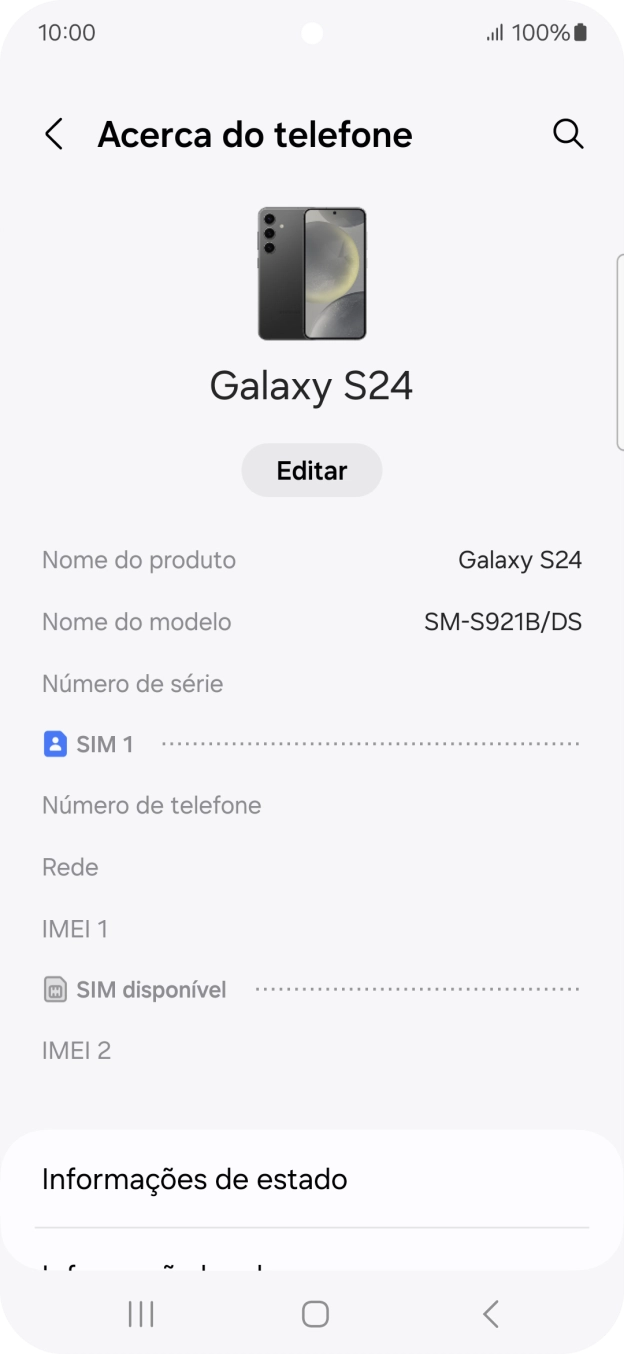 O código IMEI é mostrado no ecrã.