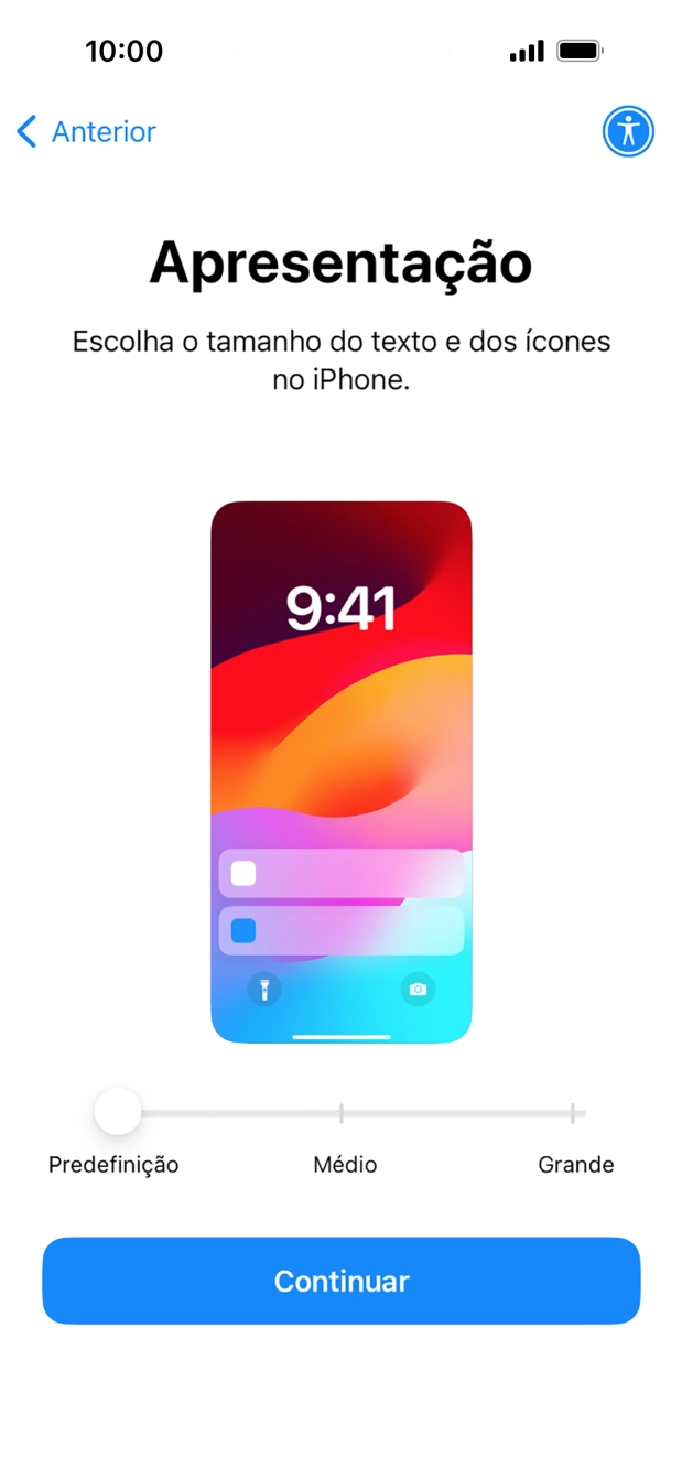 Escolha o tamanho pretendido para o texto e ícones no telefone e prima Continuar.