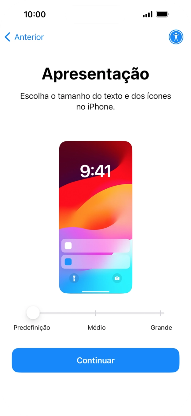 Escolha o tamanho pretendido para o texto e ícones no telefone e prima Continuar.