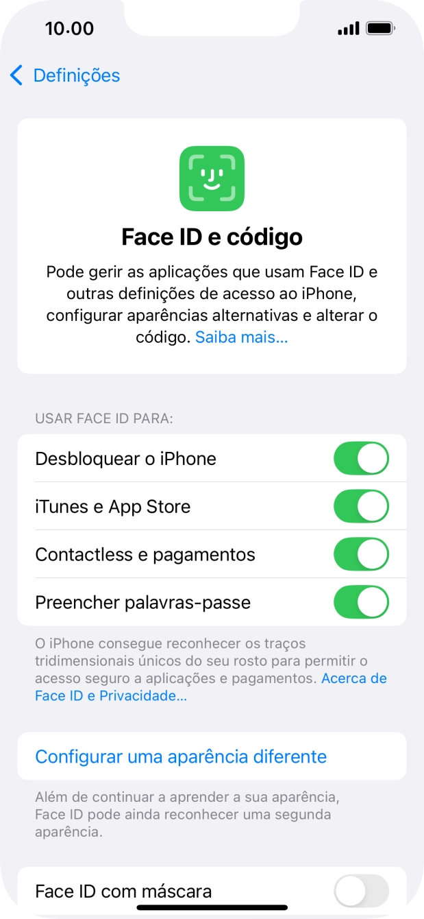 Prima os indicadores junto às definições pretendidas para as ativar ou desativar.