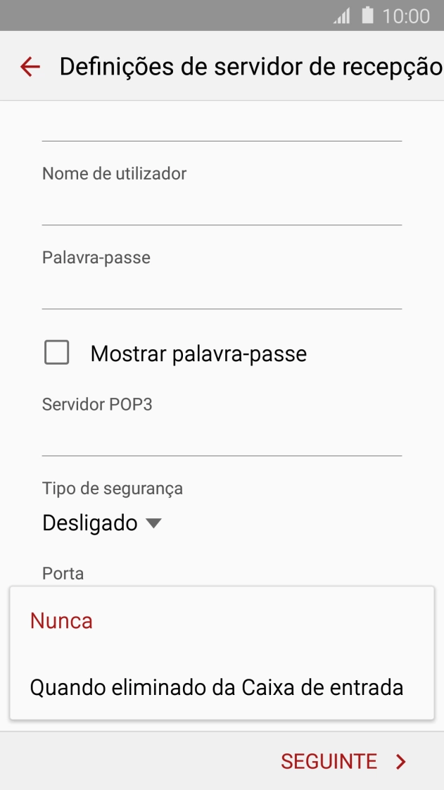 Prima Nunca para manter os e-mails no servidor quando estes são apagados no telefone.