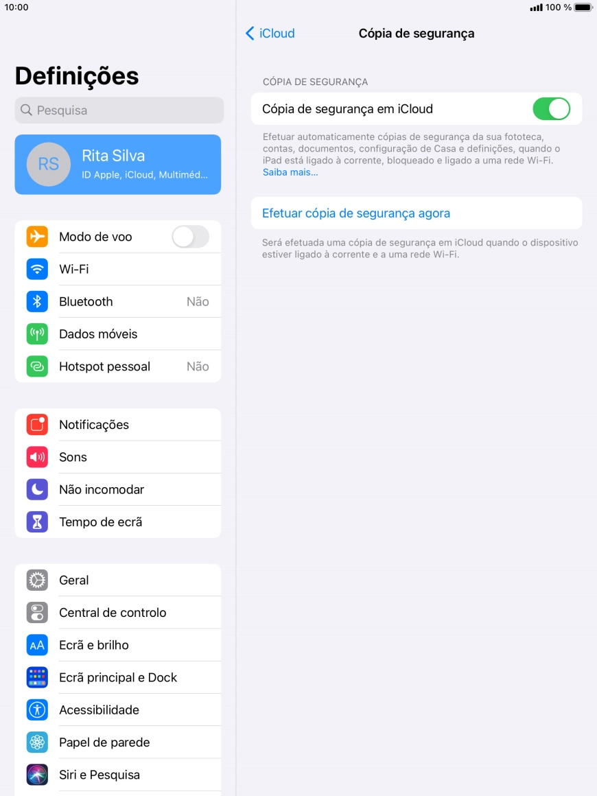 Prima Efetuar cópia de segurança agora e aguarde enquanto é efetuada a cópia de segurança do conteúdo da memória do tablet.