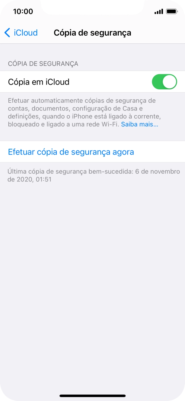 Prima Efetuar cópia de segurança agora e aguarde enquanto é efetuada a cópia de segurança do conteúdo da memória do telefone.