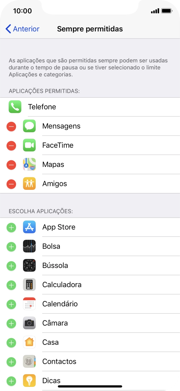 Prima o ícone para remover junto da app pretendida para a remover da lista de apps permitidas durante o Tempo de pausa.