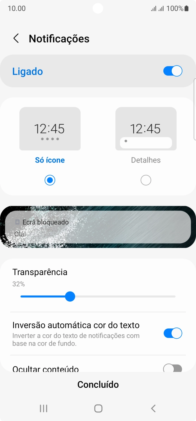 Prima as definições pretendidas para as ativar ou desativar.