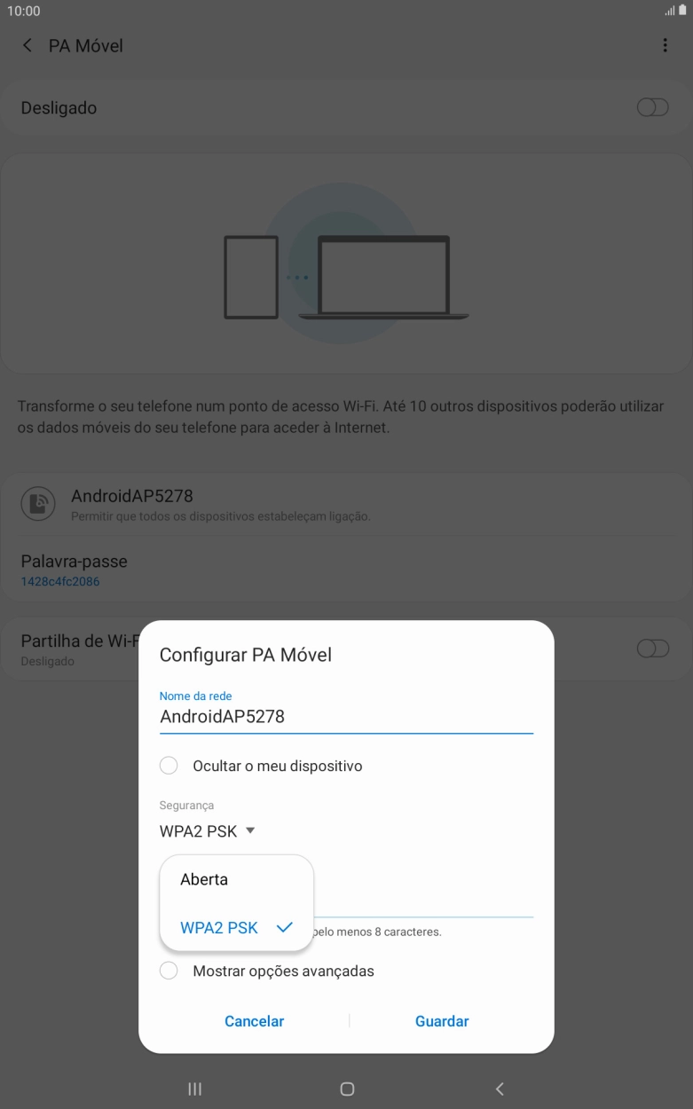 Prima WPA2 PSK para proteger o hotspot Wi-Fi com uma password.