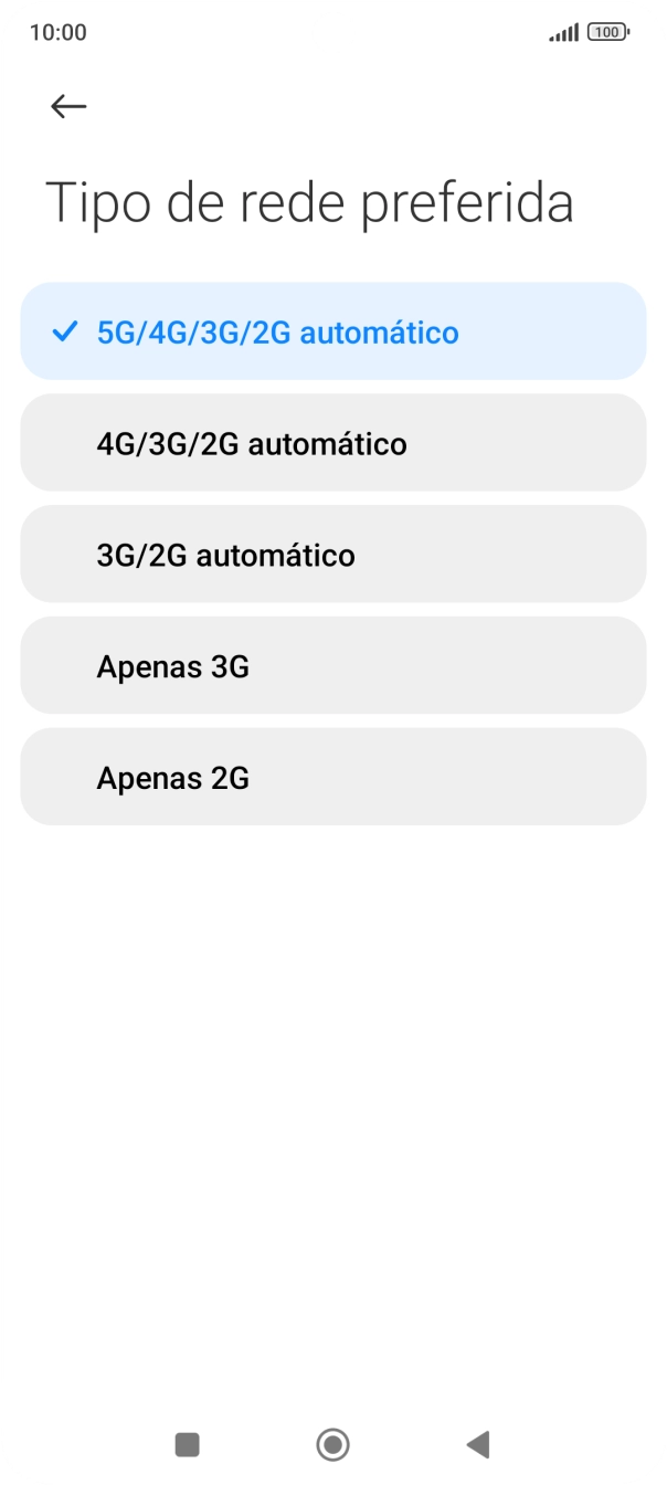 Prima o tipo de rede pretendido.