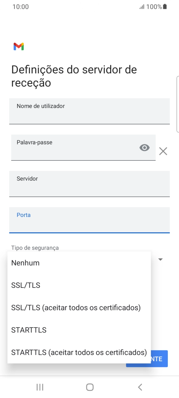 Prima SSL/TLS para ativar a função.