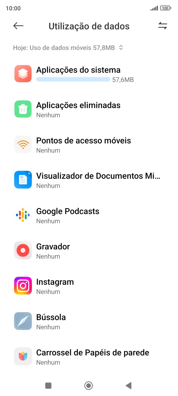 O consumo de dados de cada aplicação é mostrado sob o nome da aplicação.