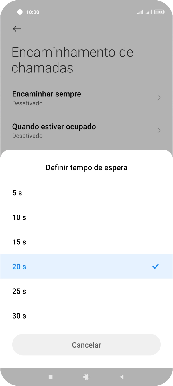 Se desviar as chamadas não atendidas escolha o tempo de atraso para desvio. Prima o tempo de atraso pretendido.