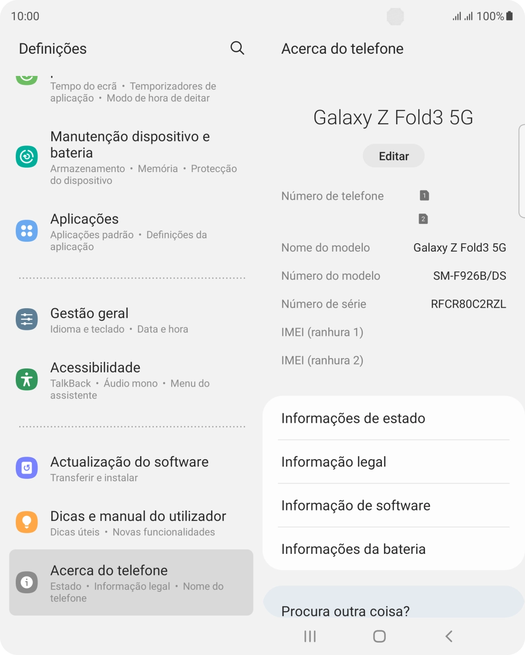 O código IMEI é mostrado no ecrã.