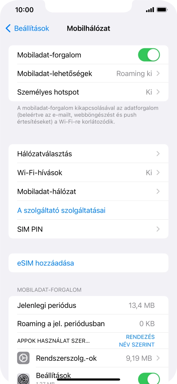 Válaszd a Mobiladat-hálózat lehetőséget.