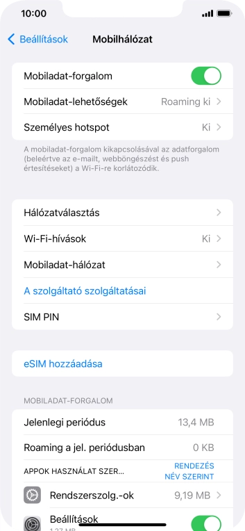 Válaszd a Mobiladat-hálózat lehetőséget.