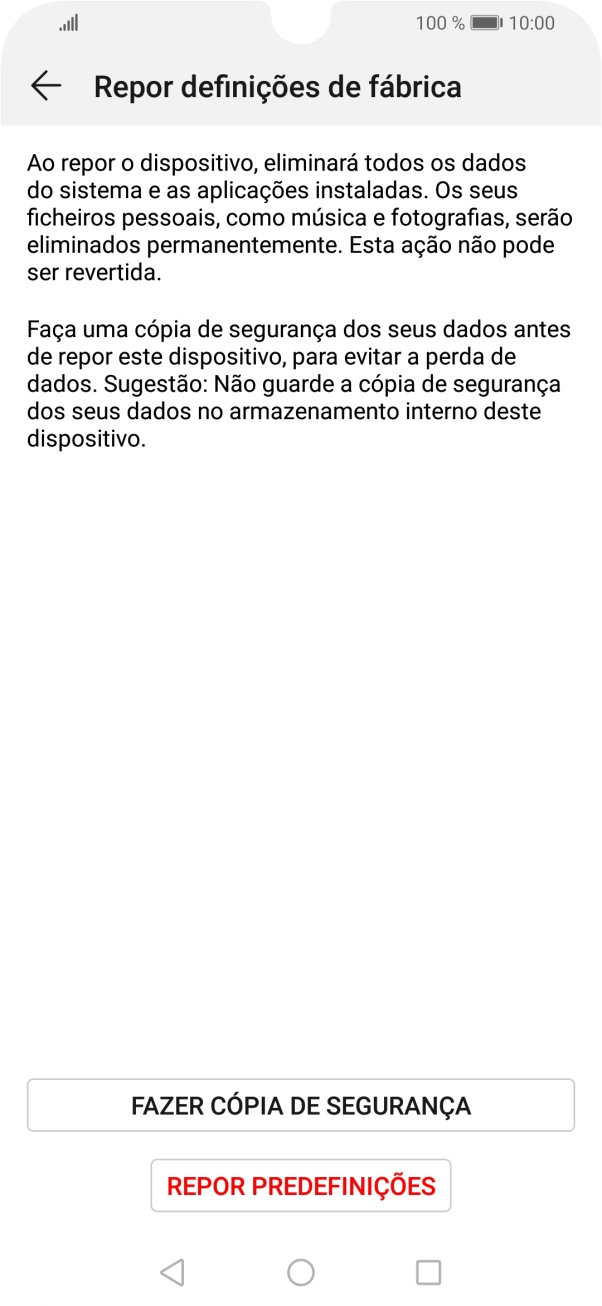 Prima REPOR PREDEFINIÇÕES. Aguarde um momento enquanto o telefone restabelece as definições originais. Siga as indicações no ecrã para configurar o telefone de modo que este fique pronto a ser utilizado.