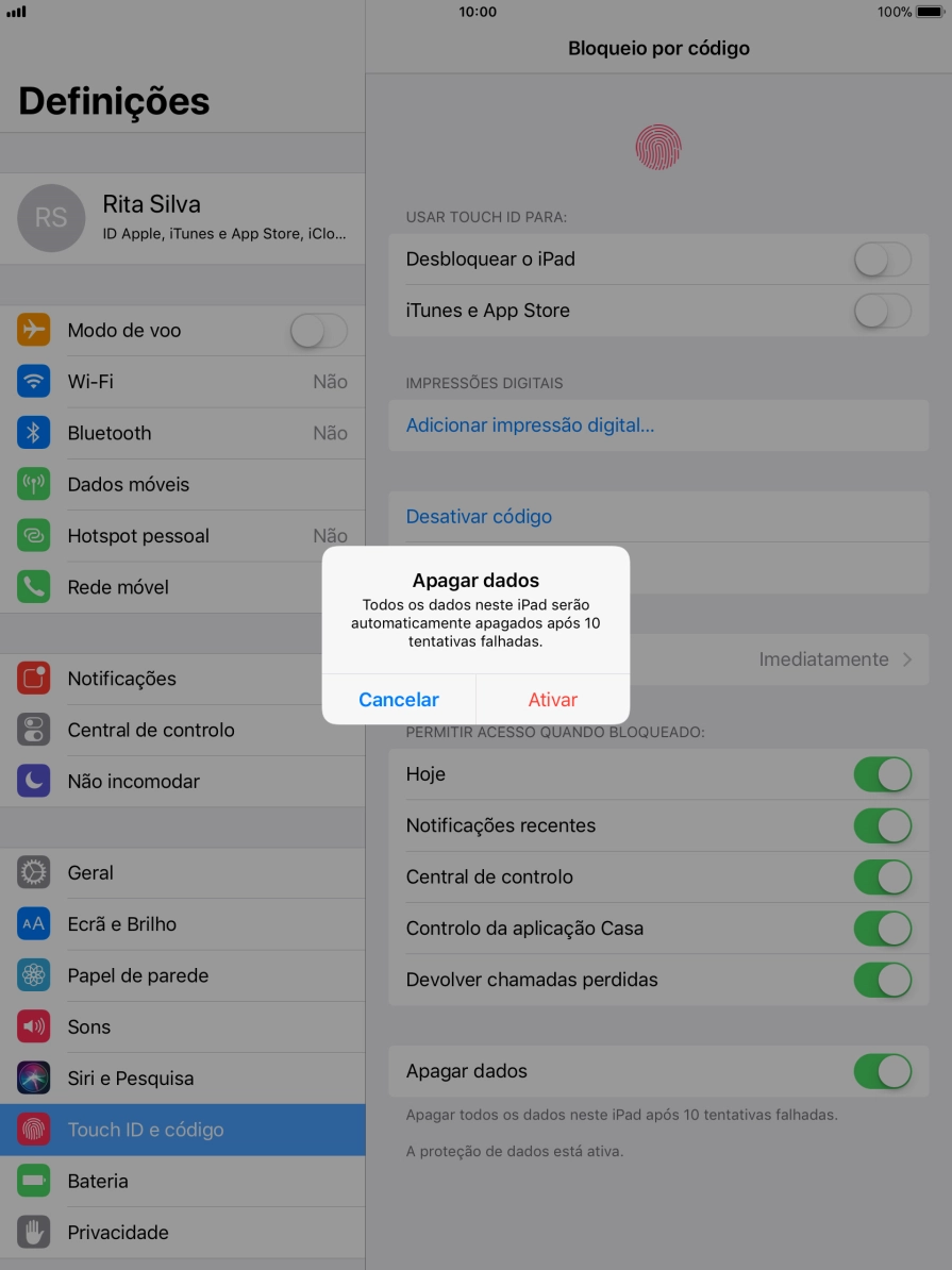 Se ativar a função, prima Ativar.