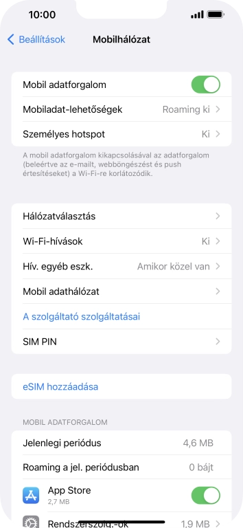 Kattints a „Mobil adatforgalom” melletti csúszkára a funkció be- vagy kikapcsolásához.