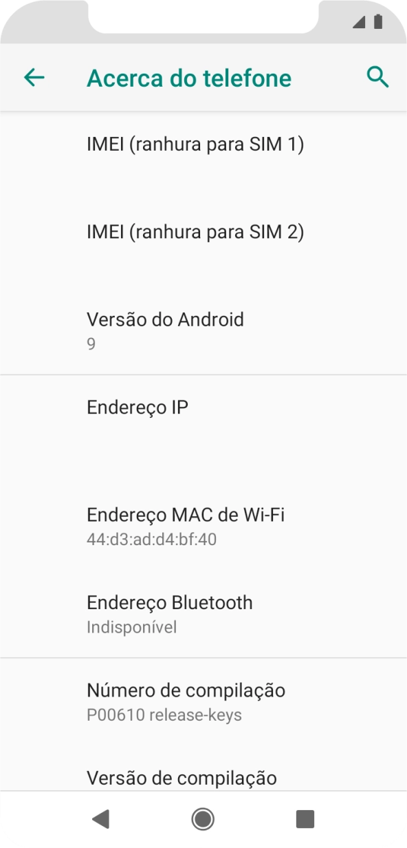 O código IMEI é mostrado no ecrã.