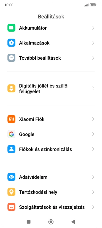 Válaszd a Fiókok és szinkronizálás lehetőséget.
