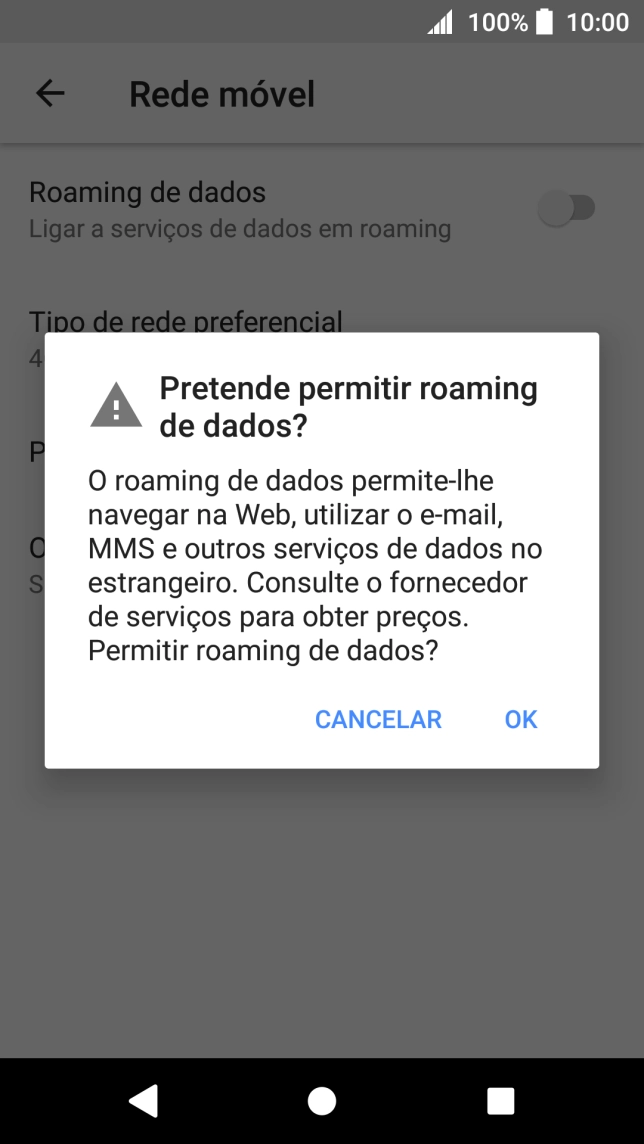 Para ativar o roaming de dados, prima OK.